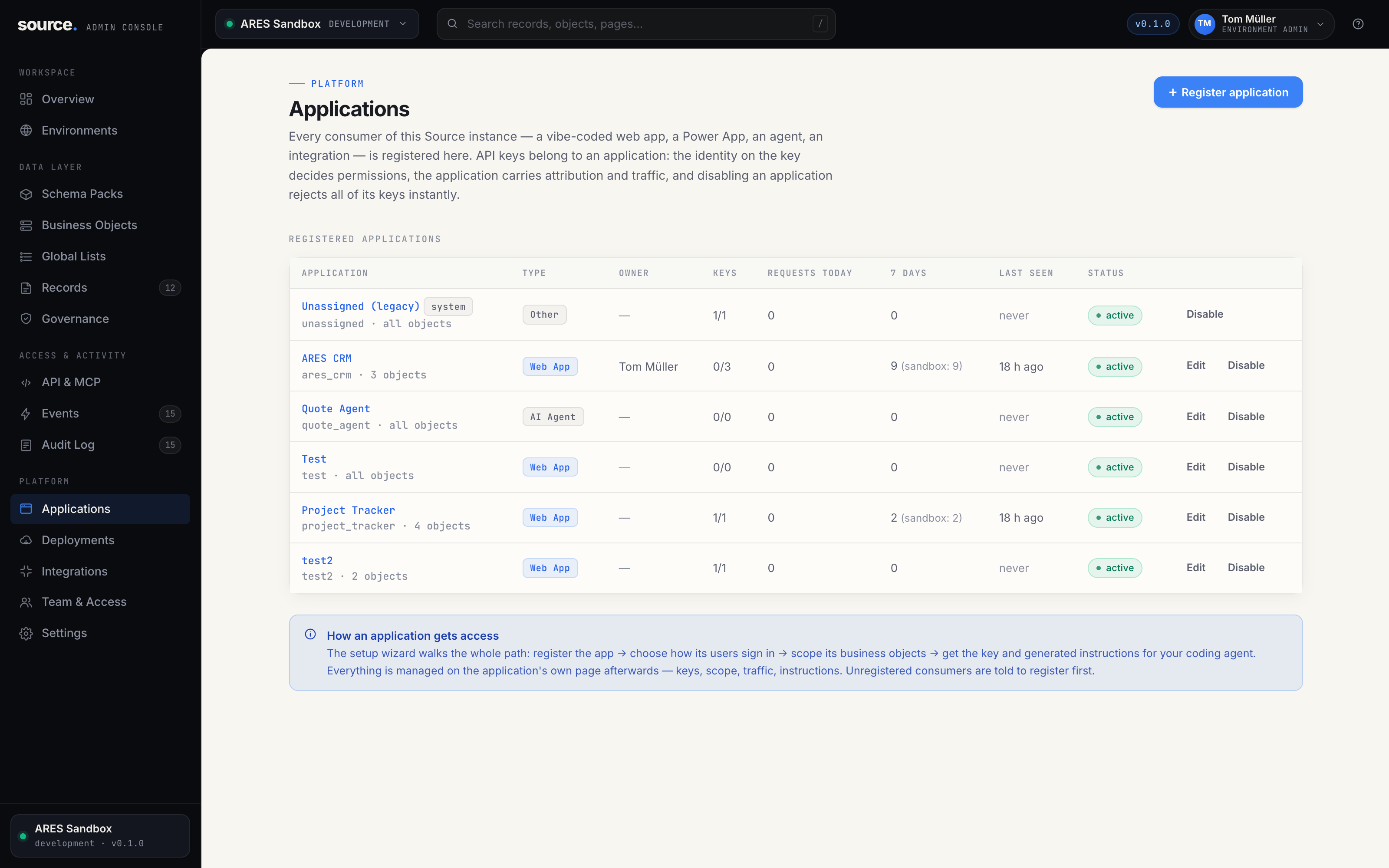 Source application registry