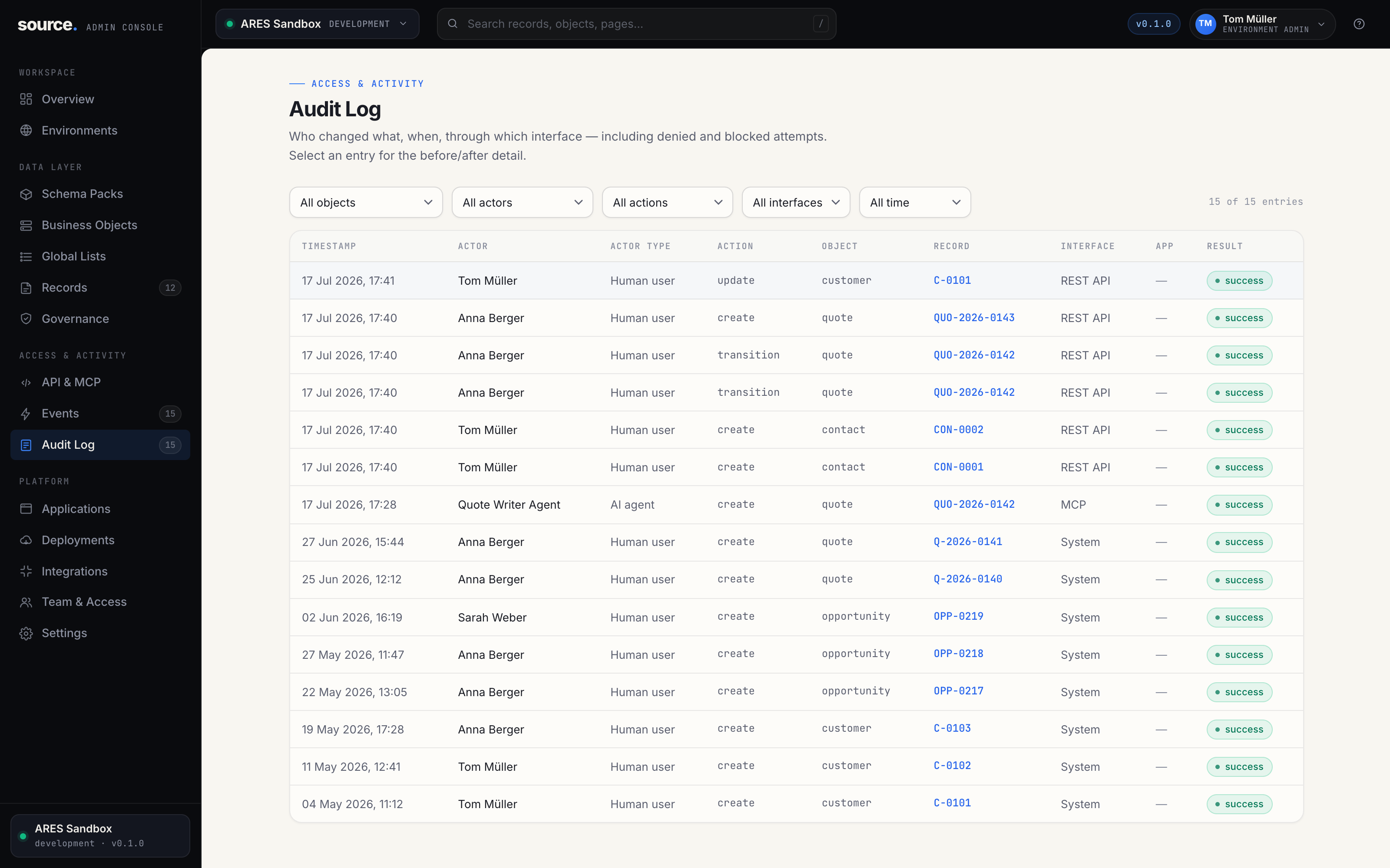 Source audit log: every write with actor, action, interface and result