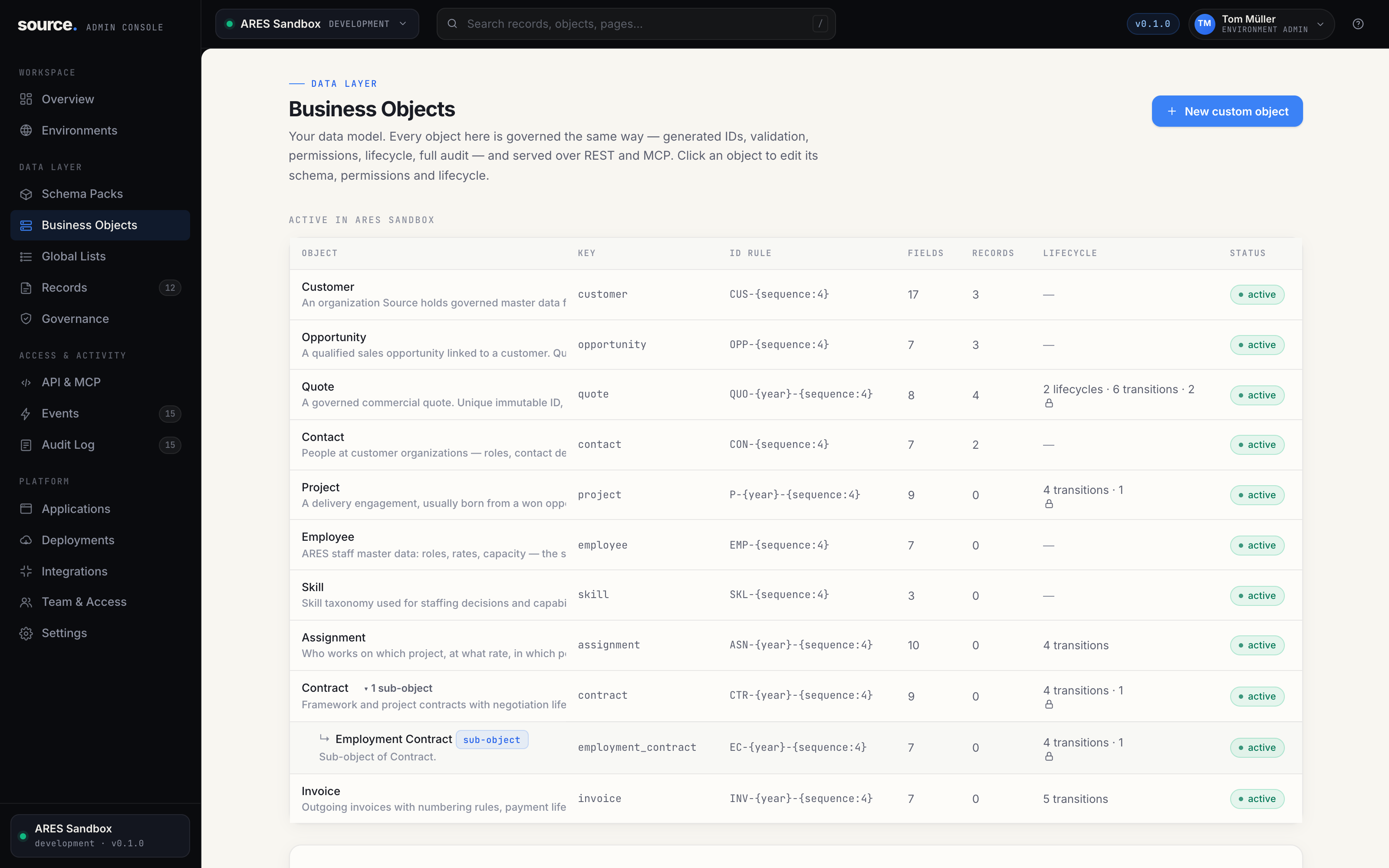 Source business objects workbench with sub-object lineage